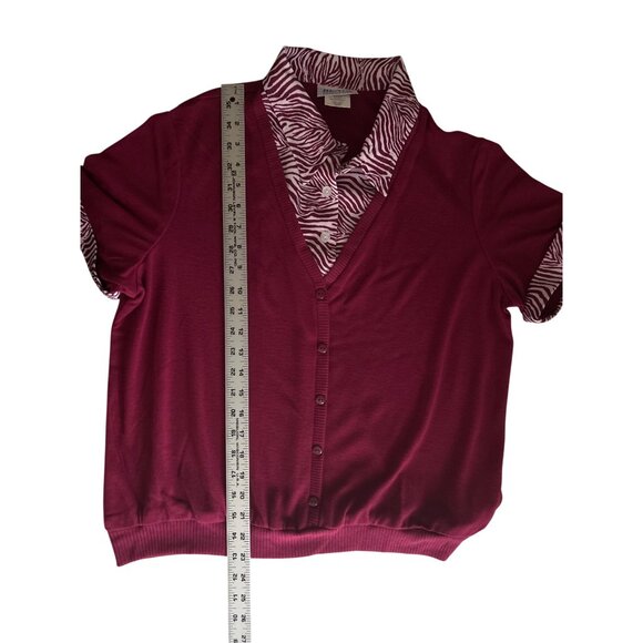 Blair Womens M Burgundy Faux 2 Pc Sweater With Zebra Print Collared Shirt - Picture 6 of 6